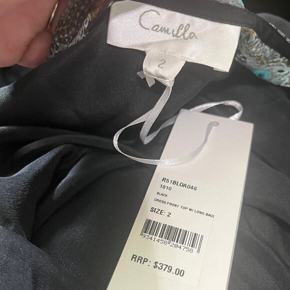 NWT Camilla SILK Crystal Embellished Black Cross Front Top Long Back 2 - Picture 4 of 11